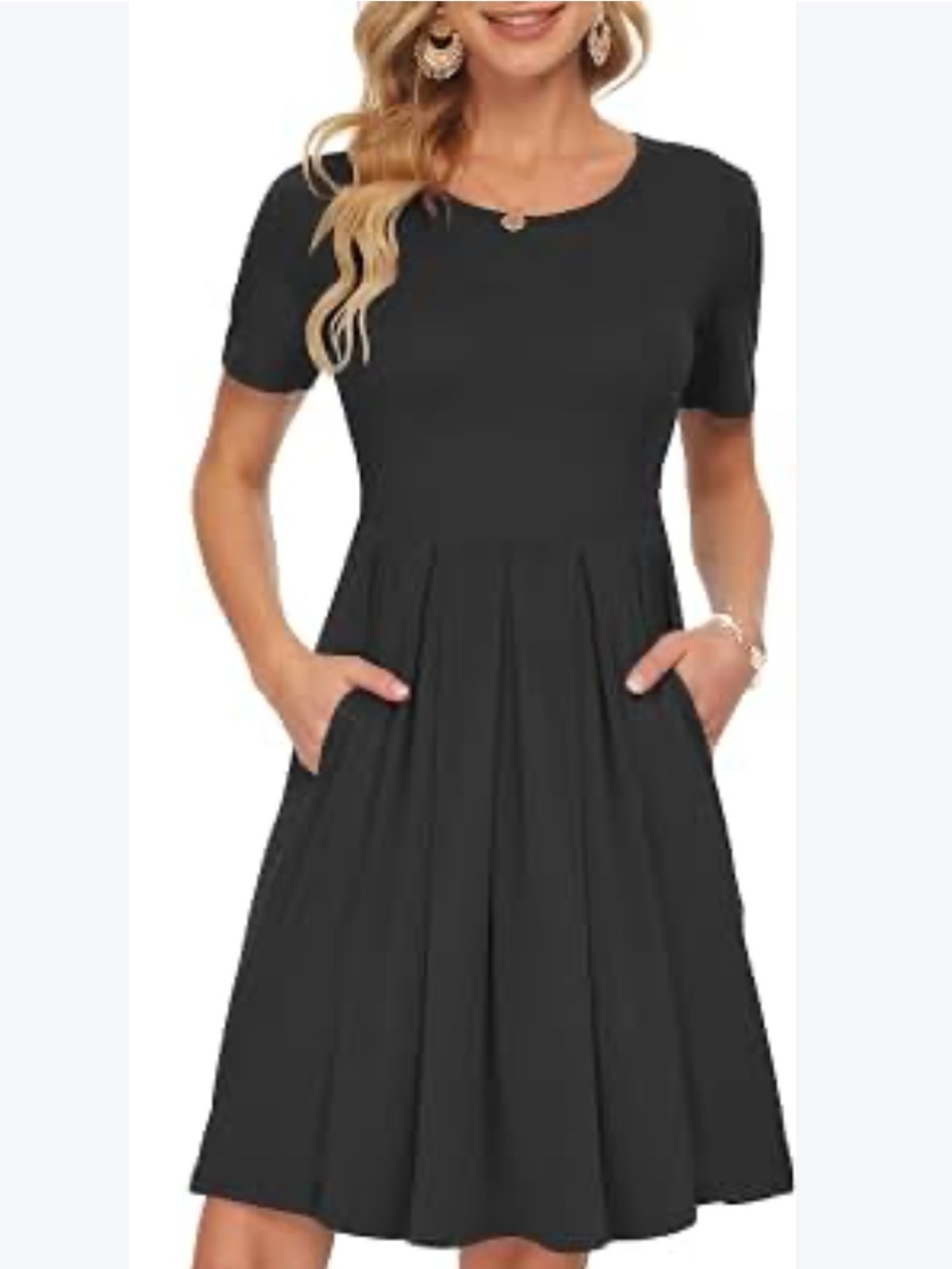 NWT Riyiper Dress Small Black Short-Sleeve Midi Pleated Dress with Pockets